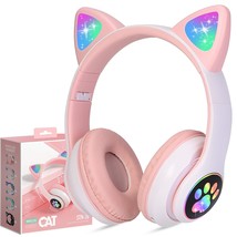 Kids Wireless Headphones Cat Ear Led Light Up Bluetooth Foldable Headphones Over - £32.06 GBP