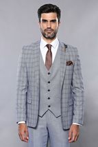 Men 3pc Vest Suit WESSI by J.VALINTIN Extra Slim Fit JV42 Blue Plaid TURKEY USA image 6