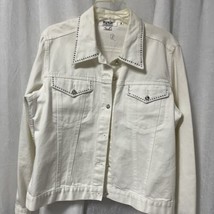 Talk of the Walk White Denim Jacket Rhinestone Buttons Flap Pockets Size... - $28.71