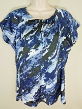 Womens Como Silky Navy Blue Black Marbled Blouse Short Sleeve Size L EUC - £6.31 GBP
