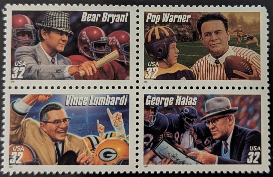 Bear Bryant, Vince Lombardi, Pop Warner, George Halas Set of .32 Stamps MNH - $2.95