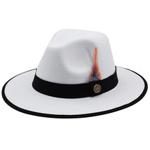 New Men’s White &amp; Black  Fedora Wool Feather Dress Hat (Size 56-58CM) - £24.11 GBP