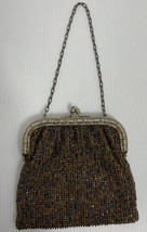 Vintage Beaded Evening Bag Hand Stitched Silk Brown Gold-Tone Hardware W... - £33.62 GBP