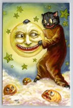 Halloween Matthew Kirscht Cat Placing The Moon Stars Gilded Embossed Postcard MK - £54.23 GBP