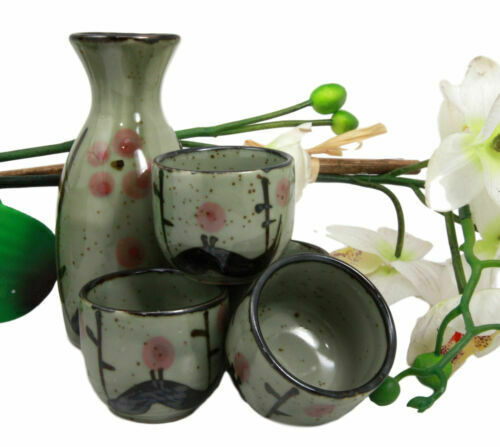 Japanese 5oz Ceramic Matcha Cherry Blossom Sake Set Flask Carafe With Four Cups