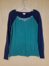Merona Y2K Sweater Blue Green Rhinestones sz XL Tight Knit Lightweight - £12.89 GBP