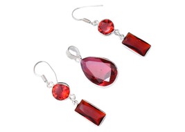 Sterling Silver Red Garnet Gemstone Handmade Pendant Earrings Gift For Mother&#39;s - £39.15 GBP