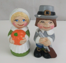 Vintage Two Hand Painted Ceramic Thanksgiving Boy &amp; Girl Pilgrim 4” Figurines - £7.24 GBP