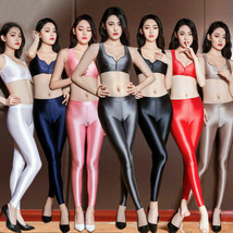 Womens Shiny Satin Glossy Crop Top Wetlook Skinny Pants Yoga Leggings Sp... - $8.46+