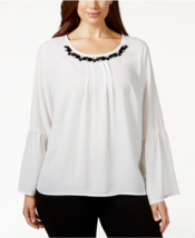 Ny Collection Plus Size Bell Sleeve Beaded Lace Back Sheer White Blouse Nwt 1X - £9.75 GBP