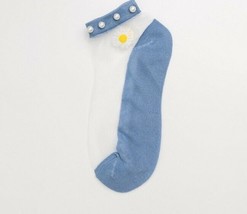 Handcrafted ~ Blue ~ Embellished w/Pearls ~ Embroidered Daisy ~ Ankle Socks - £11.68 GBP