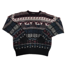 Campus Mens Sz L Vtg Sweater Abstract Geometric Acrylic Knit Faux Leather Crew - £19.57 GBP