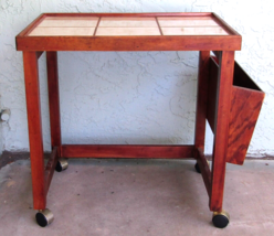 Danish Modern Vintage Teak and Tile Top Rolling Side Table with Magazine... - $375.21