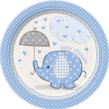 Umbrella Elephant Blue Boy Baby Shower 8 7&quot; Dessert Cake Plates - £2.97 GBP