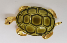 Vintage Turtle Tortoise Brooch Pin Green Enamel Red Rhinestone Eyes Gold Tone - £23.69 GBP