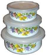 VTG Kitchen Metal Enamel Nesting Bowls &amp; Lids Enamelware Fruit Pattern D... - €26,05 EUR