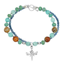 Transformative Dragonfly Green Stones Sterling Silver Double Strand Bracelet - £22.20 GBP