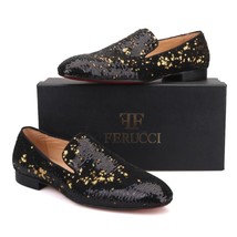 Handmade FERUCCI Men Black Gold Sequins Slippers loafers Flat - £143.84 GBP