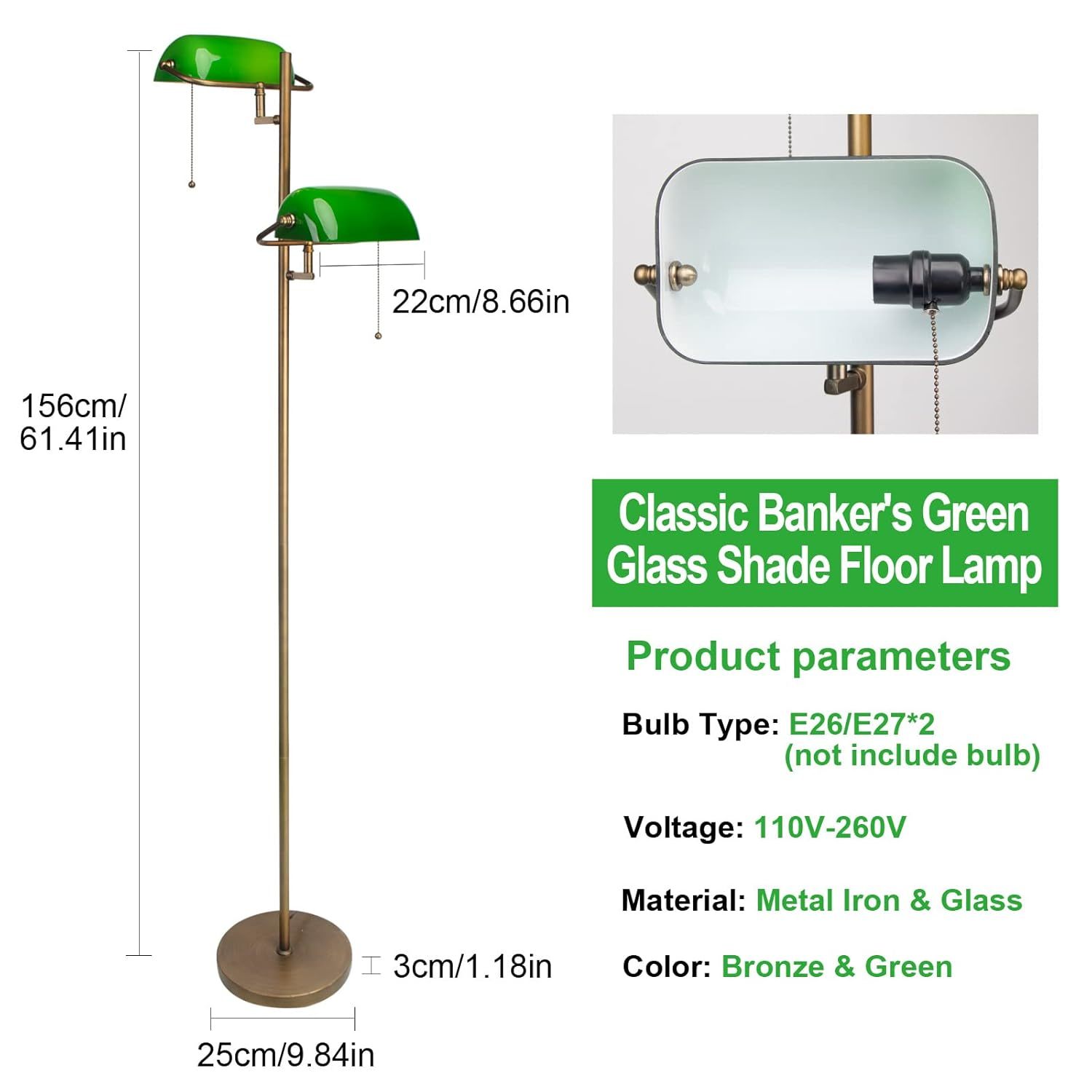 Green Glass Bankers Floor Lamp Classic Vintage Standing Lamp With Pull ...