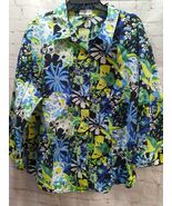 JG Hook women 3X button front shirt pintuck pleats blue green floral 3/4 sleeve - $12.86