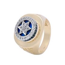 14K Yellow Gold Star of David Ring with 37 Diamonds &amp; Blue Enamel Kabbalah Gift - £1,423.51 GBP