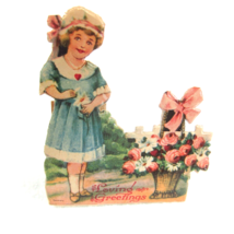 Vintage Valentine Die Cut Stand Up Girl Bonnet &amp; Flower Basket 1920-30s Germany - £7.83 GBP
