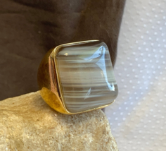 Sterling Silver Gold Plated Lacy Agate Ring 17.24g Fine Jewelry Sz 7 Band Square - £31.56 GBP