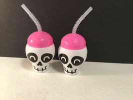 Water Cup With Lid Straw Skeleton Head New Lot of 2 Halloween Plastic - $8.91