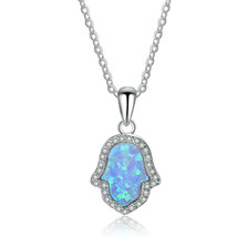 Shiny Blue Created Opal Palm Pendant Necklace with Diamonds 17&quot; 14K White GP - £77.39 GBP