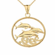 10k Real Solid Yellow Gold Roped Dolphin Trio Pendant Necklace - £115.01 GBP+