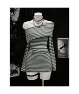 Emo Egirl E-girl Y2k Asymmetrical Off Shoulder Bodycon Gray Strip Dress S - €30,07 EUR