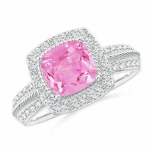 ANGARA Twisted Rope Cushion Pink Sapphire Halo Ring for Women in 14K Solid Gold - £1,746.80 GBP