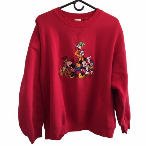 Primary image for Vtg Disney Store Sweatshirt Mickey & Friends Embroidered Fleece Red 25"x24 1/4"