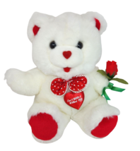 16&quot; VINTAGE FAIRVIEW WHITE TEDDY BEAR RED HEART + ROSE STUFFED ANIMAL PL... - £44.09 GBP