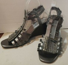 VINCE CAMUTO BRIANNE GLADIATOR WEDGE SANDALS LEATHER GUNMETAL BEADS SEQU... - £15.26 GBP