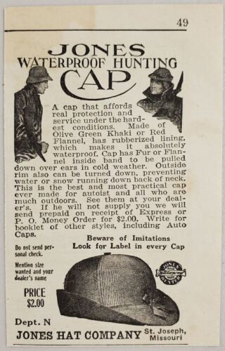 1927 Print Ad Jones Waterproof Hunting Caps St Joseph,Missouri - $7.79