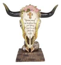 Western Christian Bible Verse Cross Pink Roses Cow Skull Figurine With Base - $35.99