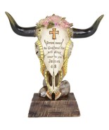 Western Christian Bible Verse Cross Pink Roses Cow Skull Figurine With Base - $49.01 CAD