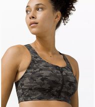 Lululemon Sports Bra 34D Enlite Bra Zip Front ICMG Black Gray Camo High Support - £63.90 GBP