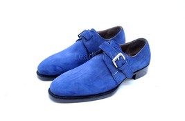 Men&#39;s Handmade Blue Suede Leather Monk Strap Formal Shoes - $161.49
