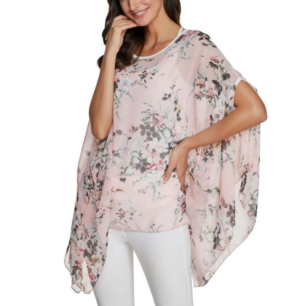 Chiffon Tunic womens top, soft pink floral, summer, one size relaxed fit - €21,36 EUR