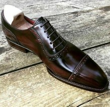 Handmade Men&#39;s Genuine Brown Leather Oxford Cap Toe Lace up Dress Formal Shoes - £102.86 GBP+