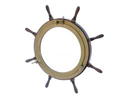 Deluxe Class Wood and Antique Brass Ship Wheel Porthole Mirror 36&quot;&quot; - £314.76 GBP