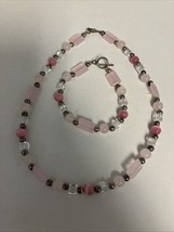 Sterling Silver Clasp &amp; Beads  &amp; Pink/Clear Glass 16” Necklace &amp; 7” Brac... - $451.83 MXN