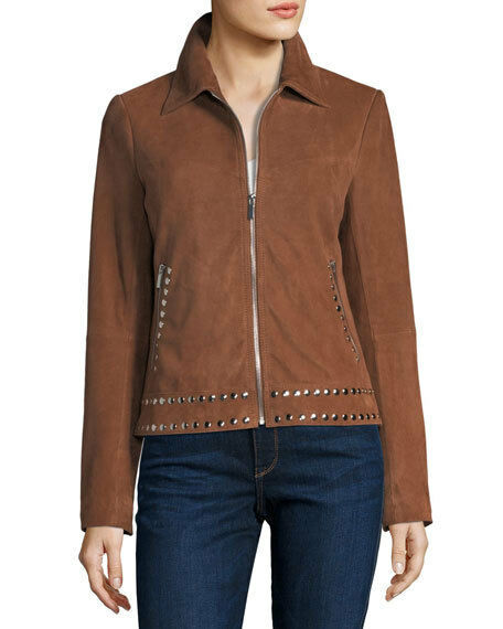 Made To Order Women's Brown Color Genuine Suede Leather Silver Studded Jacket