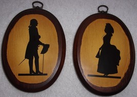 Vintage Early American Style Man &amp; Women Silhouette Oval Wood Plaques - £7.20 GBP