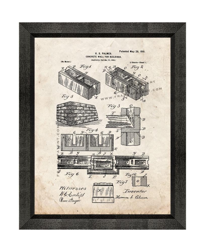 Concrete Wall for Buildings Patent Print Old Look with Beveled Wood Frame