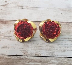 Vintage Clip On Earrings Stunning Large Statement Red &amp; Gold Tone - £12.74 GBP