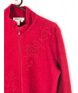 Coldwater Creek XL Boiled Wool Zip Cardigan Sweater Embroidered Flowers Red - £26.47 GBP