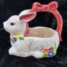 Easter Bunny Basket Ceramic 9&quot; Tall Rabbit Flowers Bow Handle Planter Easter - £13.46 GBP
